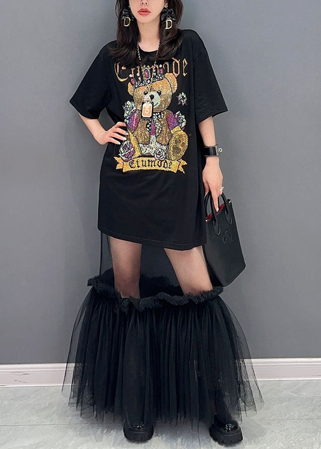Style Black Tulle Ruffled Cartoon Print Patchwork Cotton Dress Summer