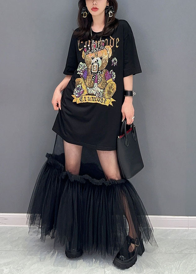 Style Black Tulle Ruffled Cartoon Print Patchwork Cotton Dress Summer