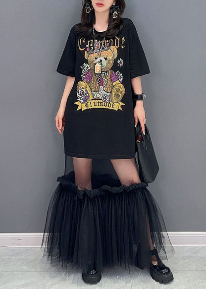 Style Black Tulle Ruffled Cartoon Print Patchwork Cotton Dress Summer