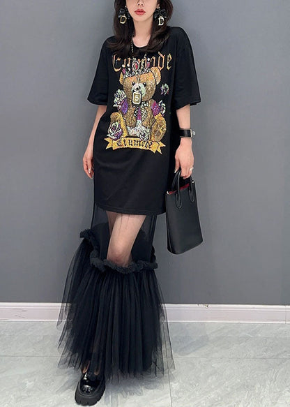 Style Black Tulle Ruffled Cartoon Print Patchwork Cotton Dress Summer