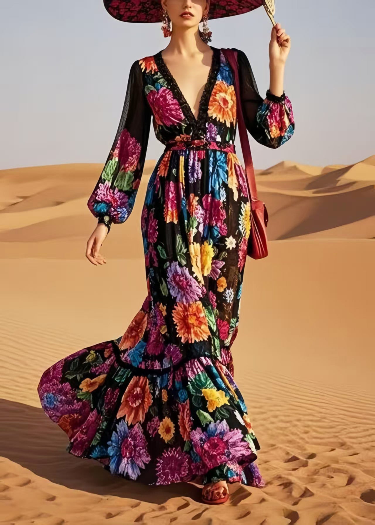 Style Black V Neck Print Cotton Vestidos Dress Spring