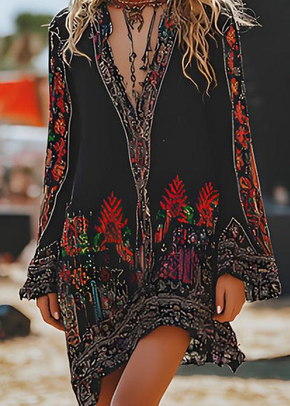 Style Black V Neck Print Cotton Mid Dresses Spring
