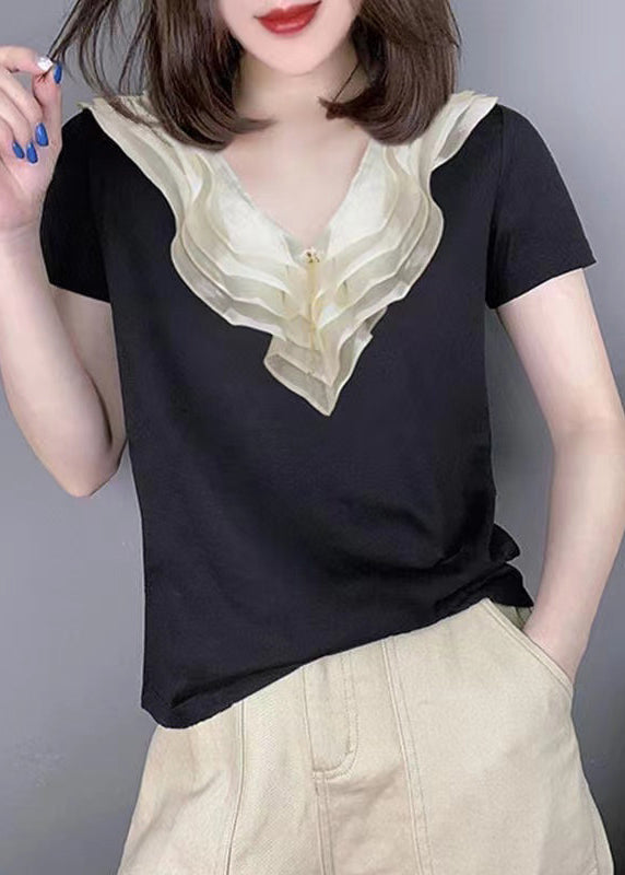 Style Black V Neck Ruffled Patchwork Silk Blouse Tops Summer