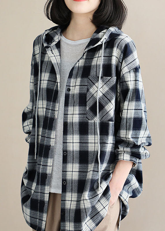 Style Black White Plaid Hooded Button Fall Top Long Sleeve