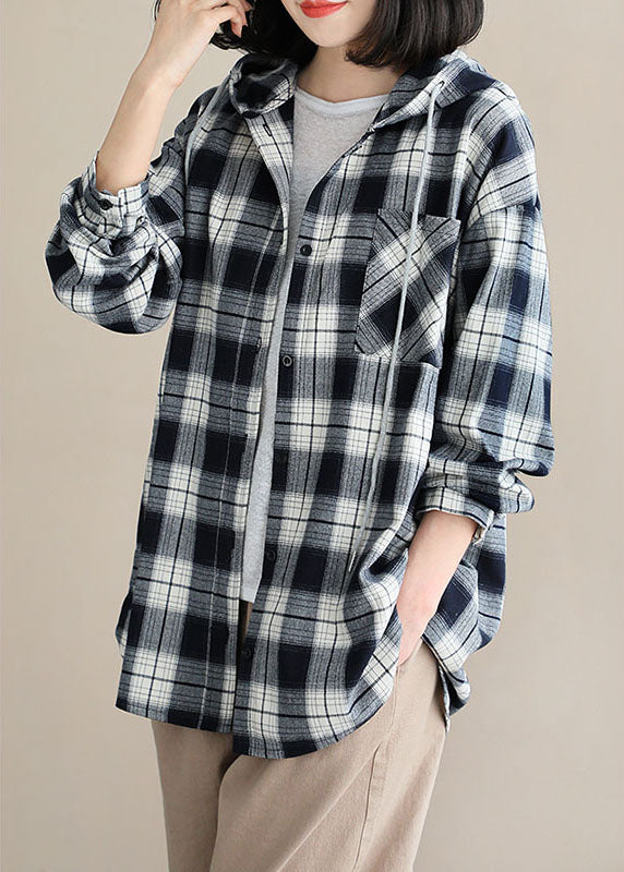 Style Black White Plaid Hooded Button Fall Top Long Sleeve