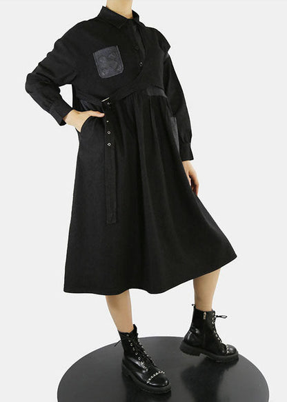 Style Black Asymmetrical Design Cinched Peter Pan Collar Denim Dress Spring
