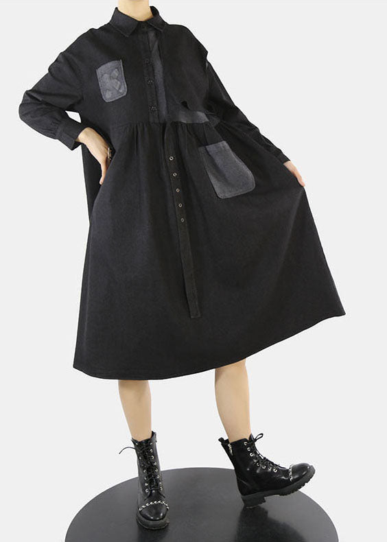 Style Black Asymmetrical Design Cinched Peter Pan Collar Denim Dress Spring