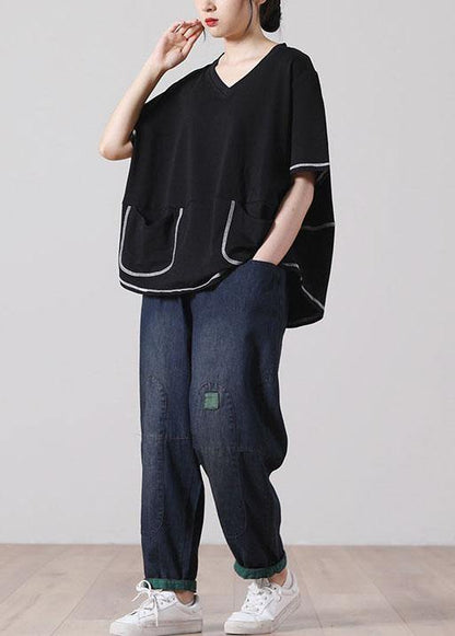 Style Black Asymmetrical Design Cotton Tee Short Sleeve