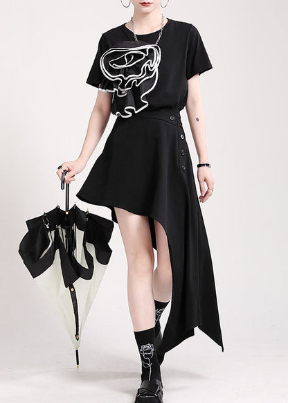 Style Black Button Asymmetrical Cotton Skirts Spring
