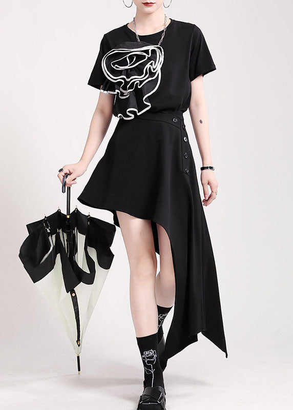 Style Black Button Asymmetrical Cotton Skirts Spring
