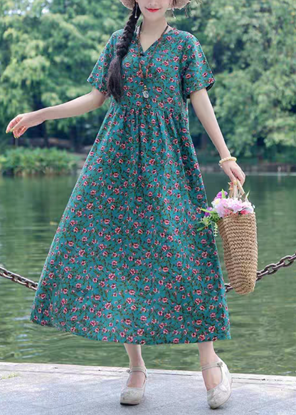 Style Blackish Green O-neck Print Wrinkled Linen Dress Short Sleeve