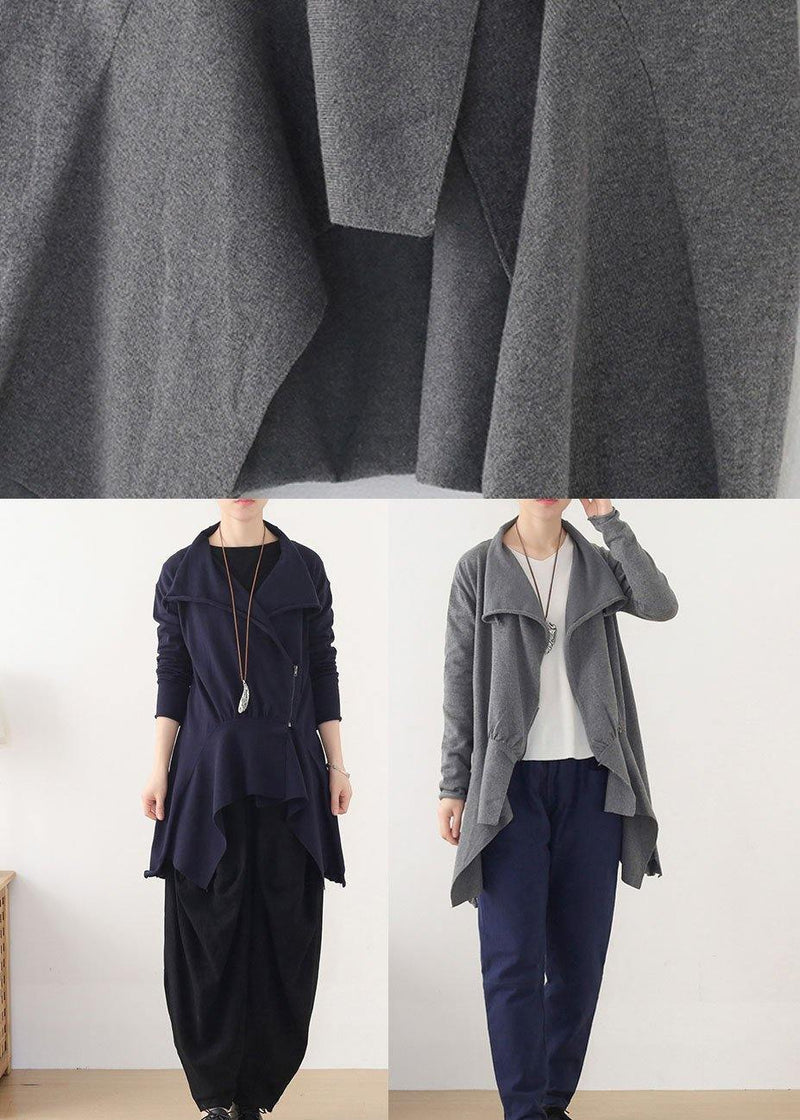 Style Blue Asymmetrical Design Zippered Fall Coat Short