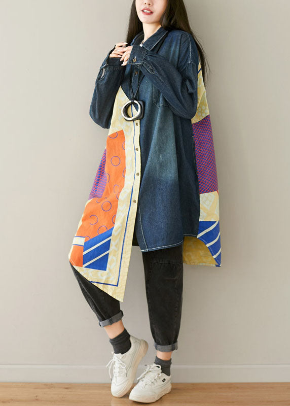 Style Blue Asymmetrical Pockets Patchwork Cotton Denim Coats Spring