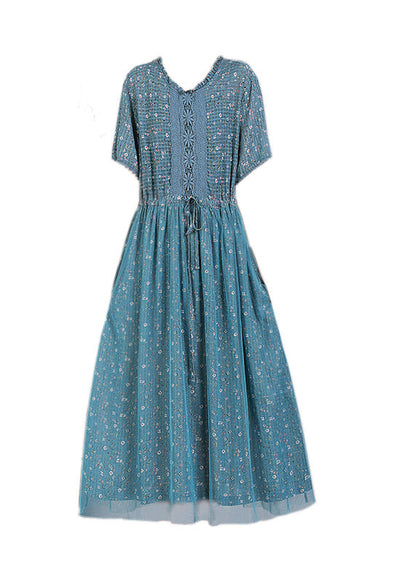 Style Blue Embroideried Ruffles Tulle Long Dresses Short Sleeve