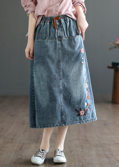 Style Blue Embroideried Patchwork Elastic Waist Denim a Line Skirts Summer