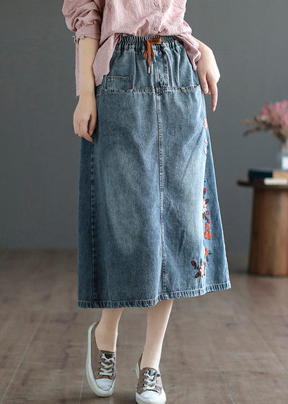 Style Blue Embroideried Patchwork Elastic Waist Denim a Line Skirts Summer