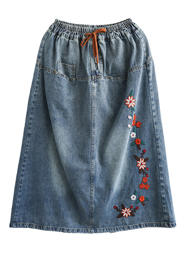 Style Blue Embroideried Patchwork Elastic Waist Denim a Line Skirts Summer
