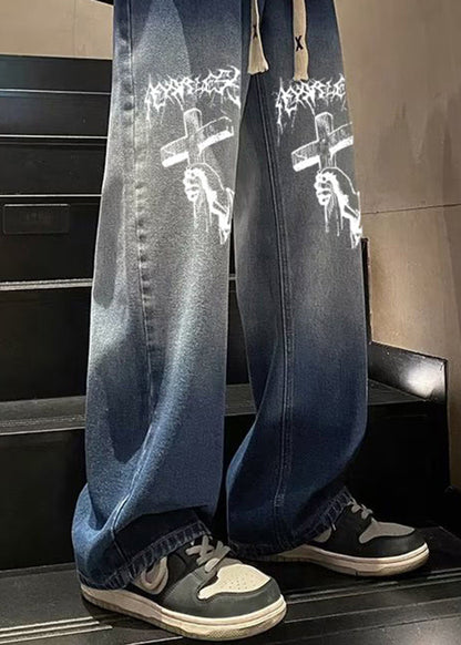 Style Blue Gradient Print Pockets Denim Wide Leg Pants Fall