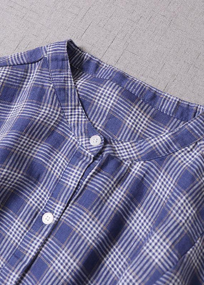 Style Blue Grey Plaid Pockets Cinched Tie Waist Fall Patchwork Robe Dresses Long Sleeve