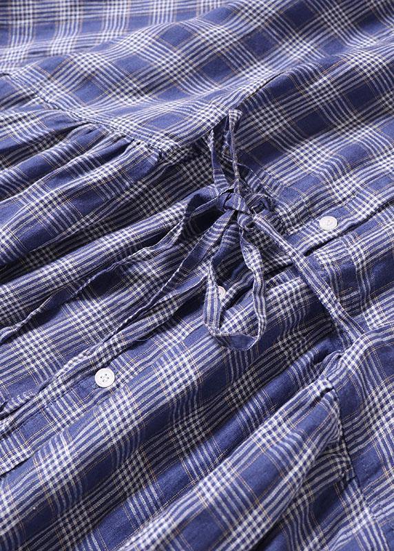 Style Blue Grey Plaid Pockets Cinched Tie Waist Fall Patchwork Robe Dresses Long Sleeve