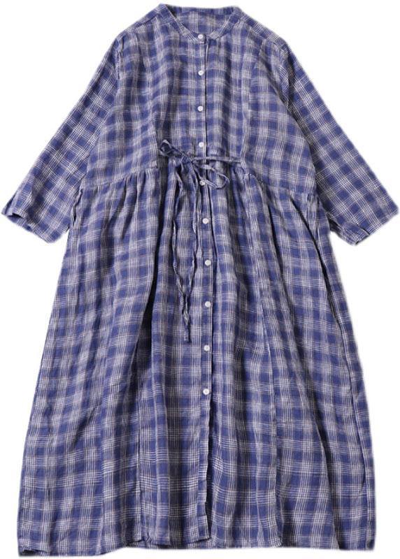 Style Blue Grey Plaid Pockets Cinched Tie Waist Fall Patchwork Robe Dresses Long Sleeve