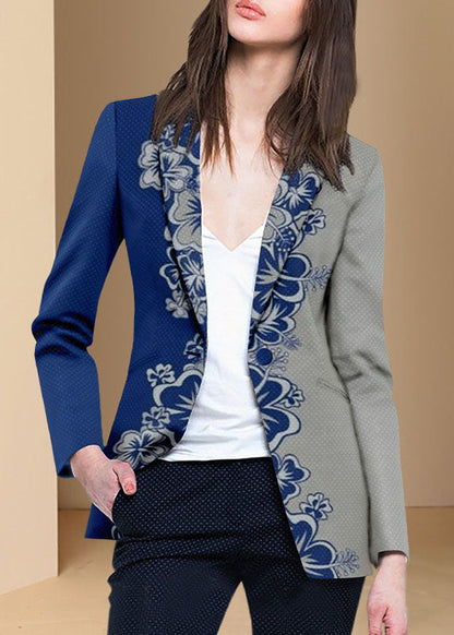 Style Blue Grey Button Peter Pan Collar Print Western-style Clothes Coat Long Sleeve
