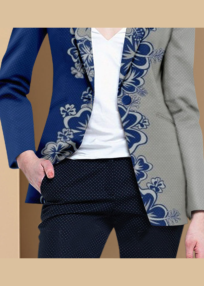 Style Blue Grey Button Peter Pan Collar Print Western-style Clothes Coat Long Sleeve