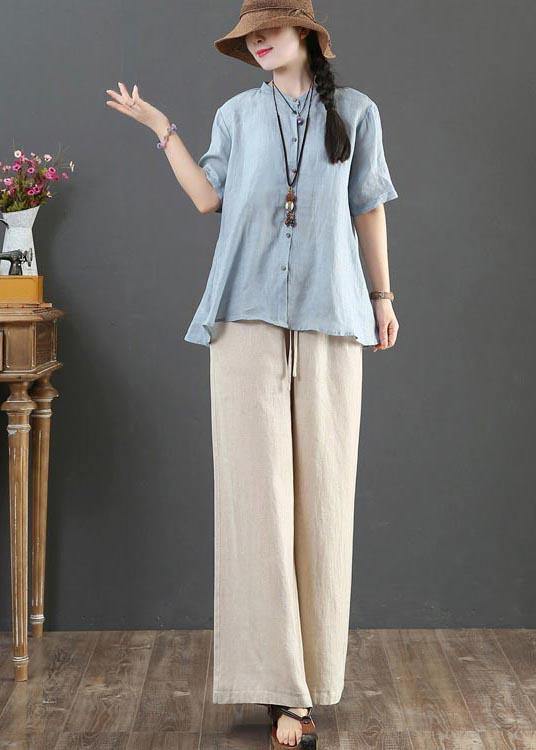 Style Blue Half Sleeve Linen Shirt Tops Summer