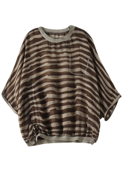 Style Blue O-neck Drawstring Striped Print Linen Tank Top Batwing Sleeve