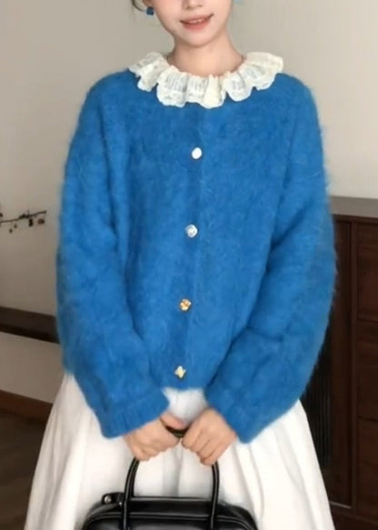 Style Blue O-neck Patchwork Button Ma Hai Mao Cotton Knit Cardigans Spring