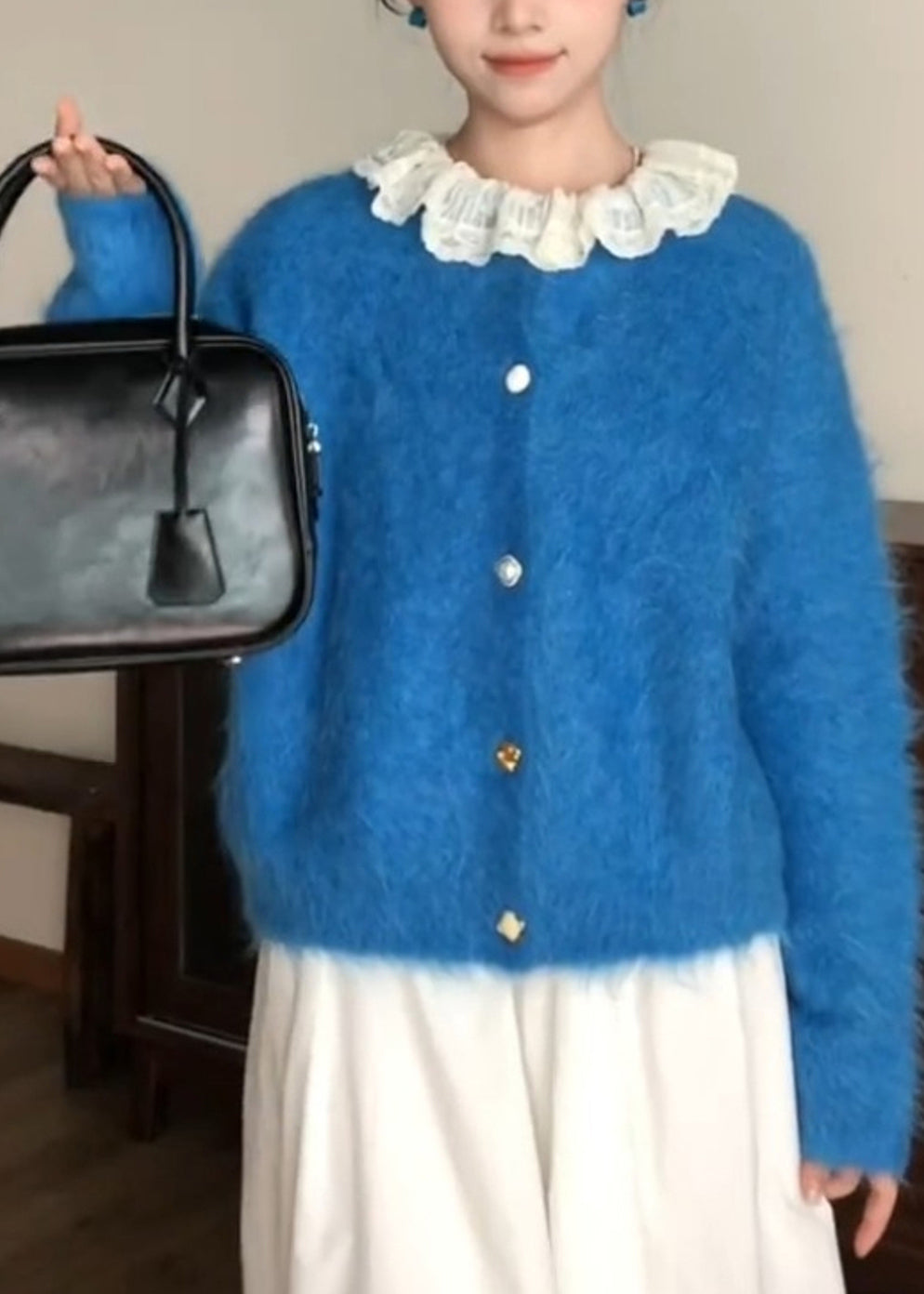 Style Blue O-neck Patchwork Button Ma Hai Mao Cotton Knit Cardigans Spring