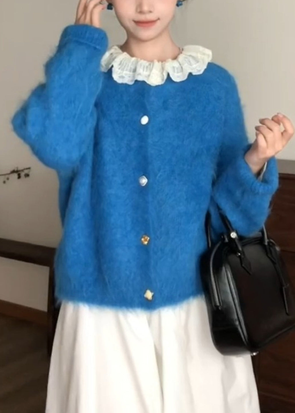 Style Blue O-neck Patchwork Button Ma Hai Mao Cotton Knit Cardigans Spring