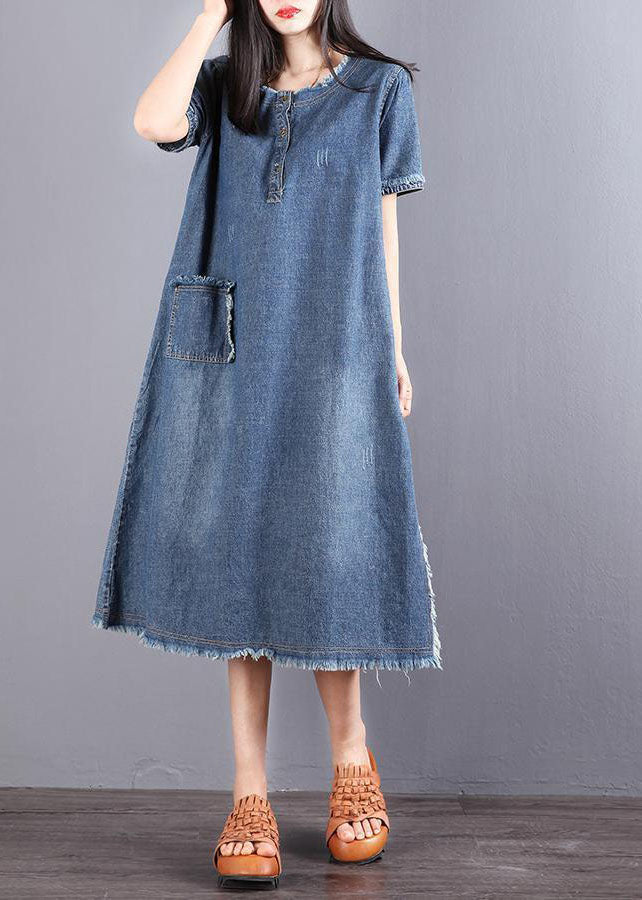 Style Blue O-neck Tassel Pocket Side Open Cotton Vacation Denim Dresses Short Sleeve