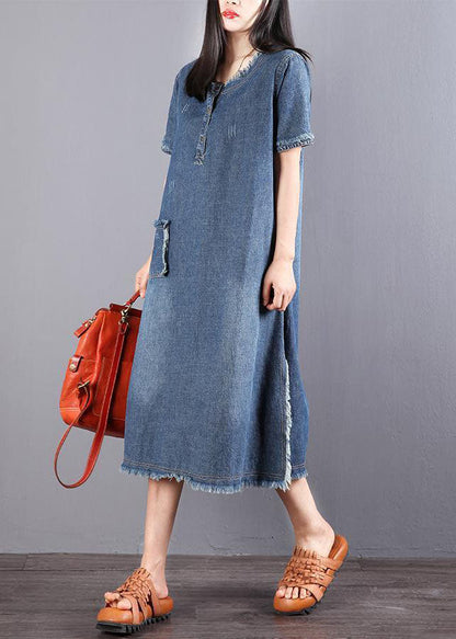 Style Blue O-neck Tassel Pocket Side Open Cotton Vacation Denim Dresses Short Sleeve