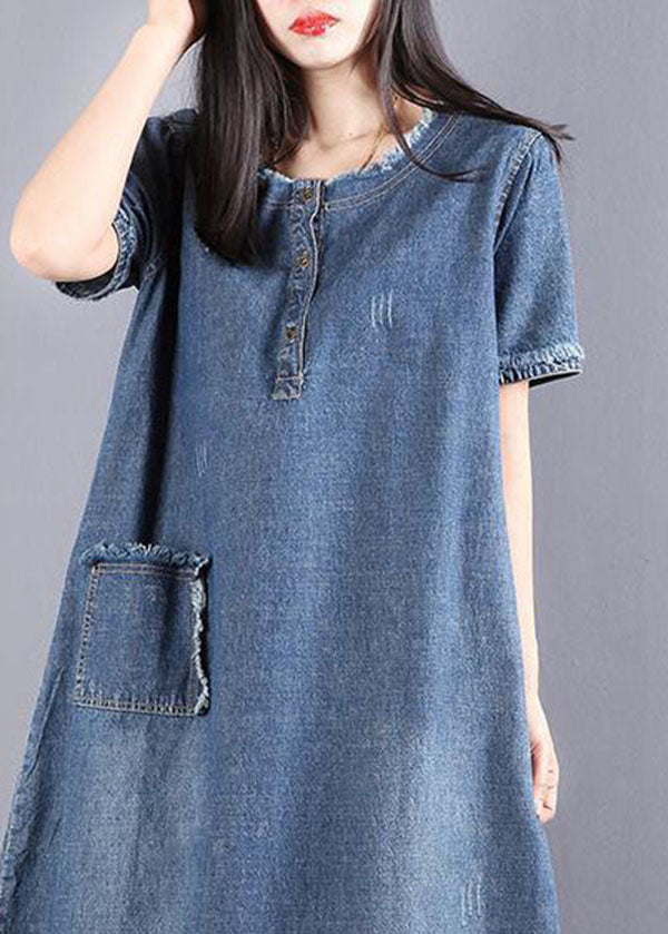 Style Blue O-neck Tassel Pocket Side Open Cotton Vacation Denim Dresses Short Sleeve