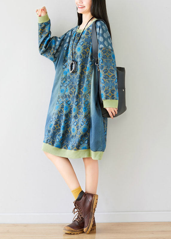 Style Blue O-neck Print Patchwork Dress Spring