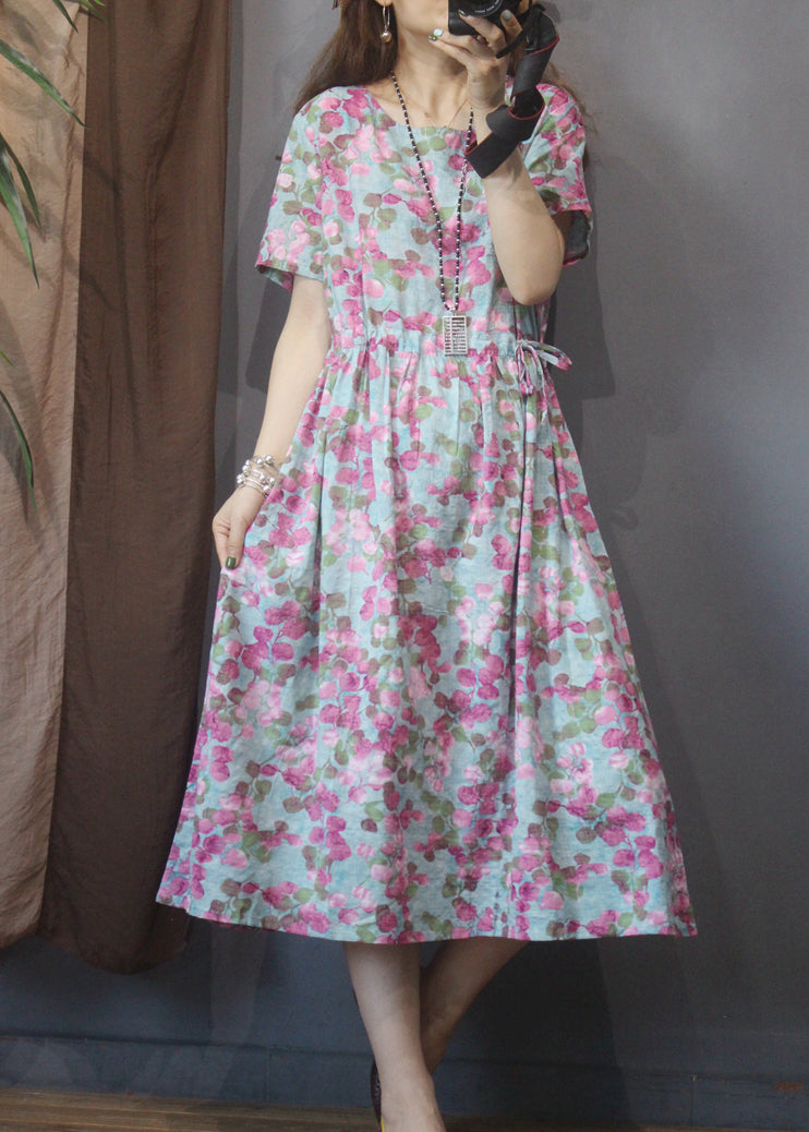 Style Blue O-neck Tie Waist Print Linen Dress Short Sleeve