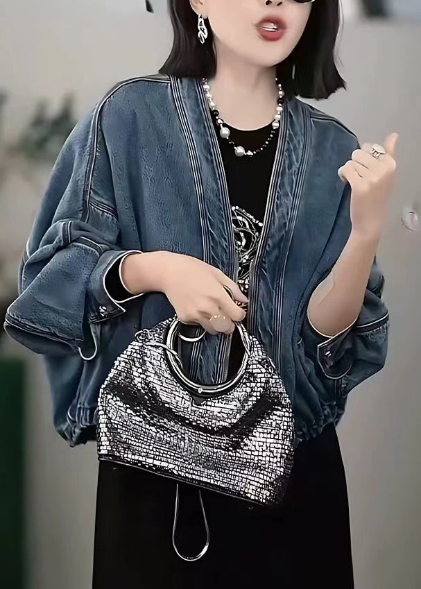 Style Blue Oversized Denim Cardigan Batwing Sleeve