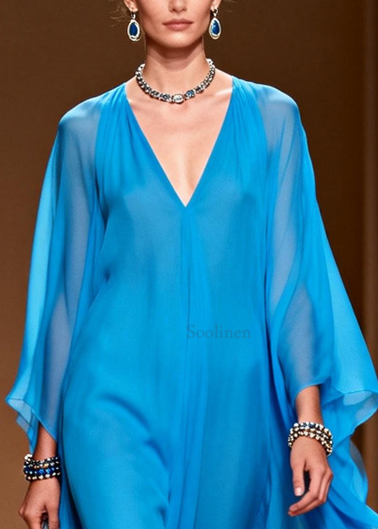 Style Blue Oversized Draping Chiffon Maxi Dress Summer