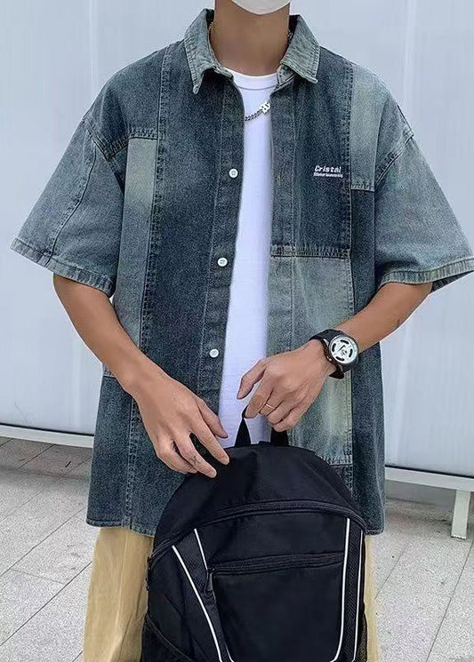 Style Blue Peter Pan Collar Patchwork Denim Shirts Summer