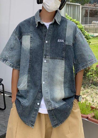 Style Blue Peter Pan Collar Patchwork Denim Shirts Summer