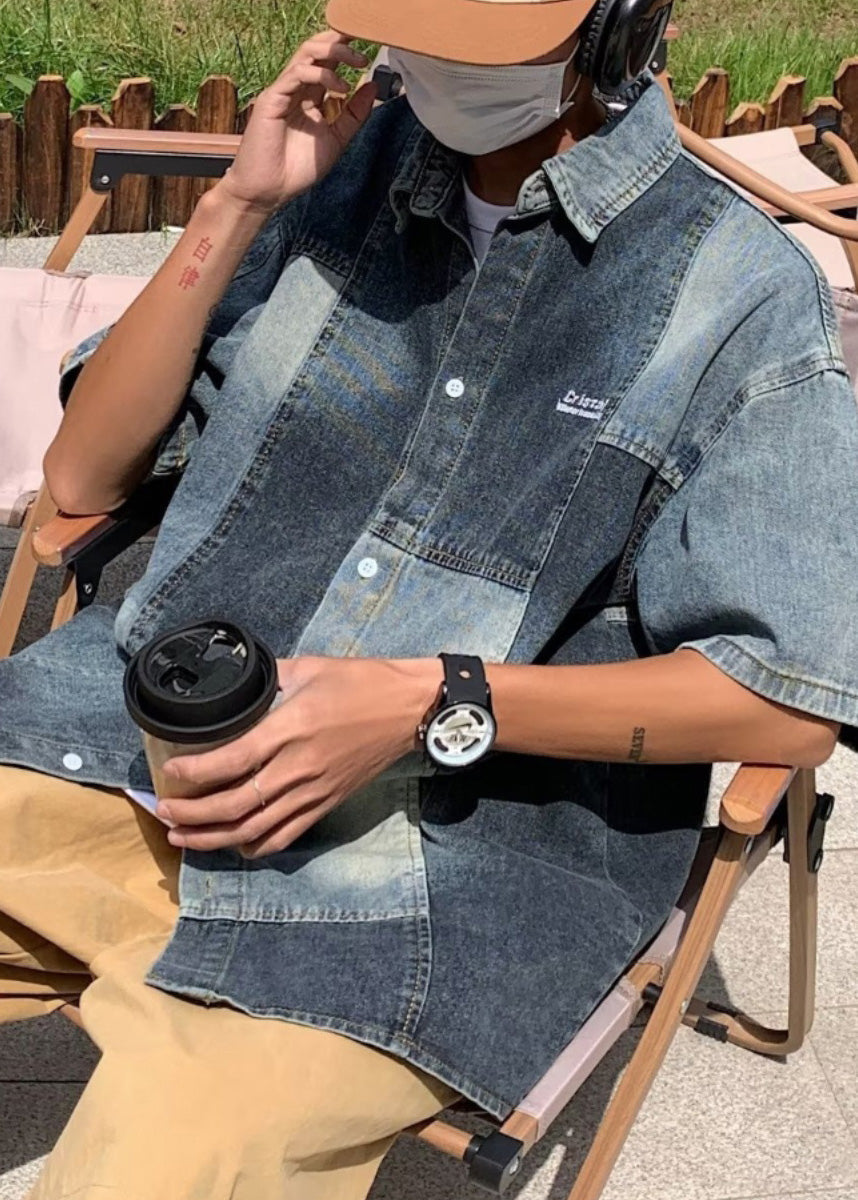 Style Blue Peter Pan Collar Patchwork Denim Shirts Summer