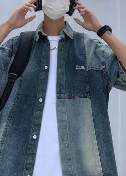 Style Blue Peter Pan Collar Patchwork Denim Shirts Summer