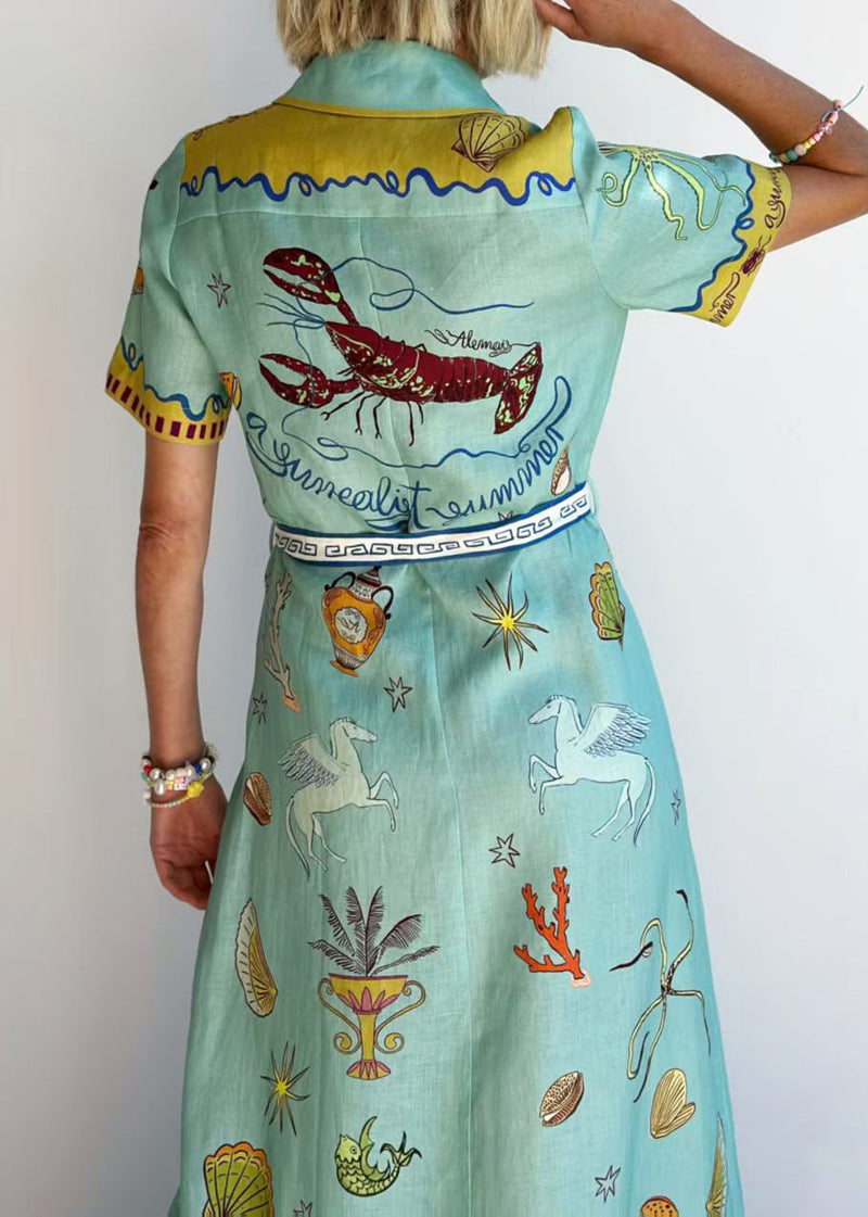 Style Blue Peter Pan Collar Print Lace Up Cotton Shirts Dress Summer