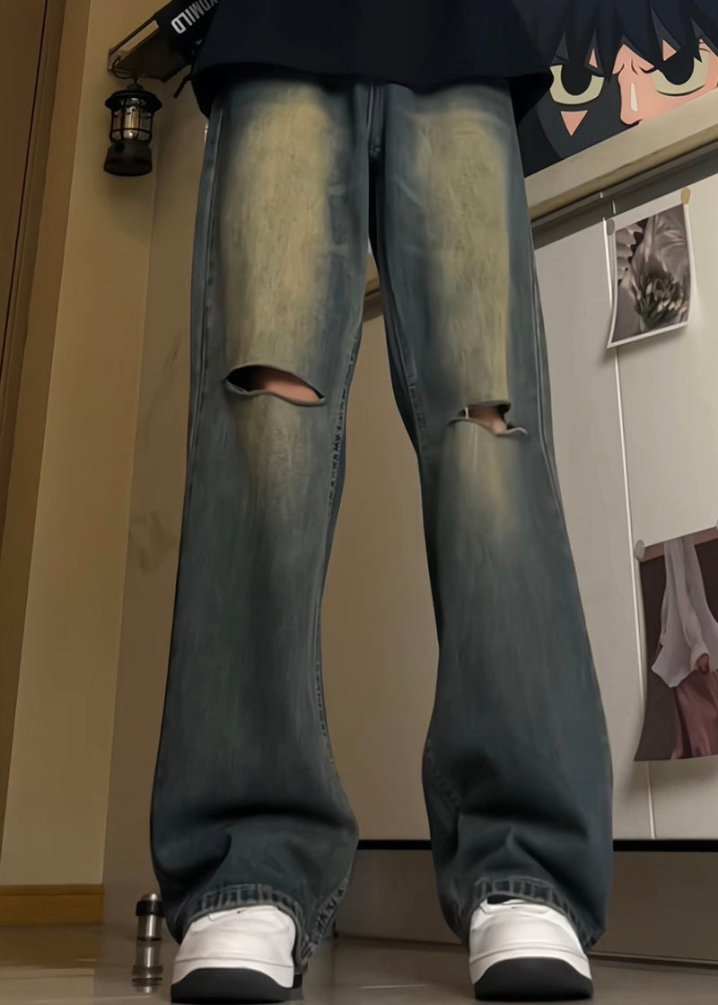 Style Blue Pockets High Waist Ripped Denim Pants Fall