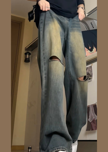Style Blue Pockets High Waist Ripped Denim Pants Fall