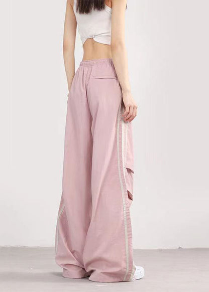 Style Blue Pockets Wrinkled Drawstring Wide Leg Pants Spring