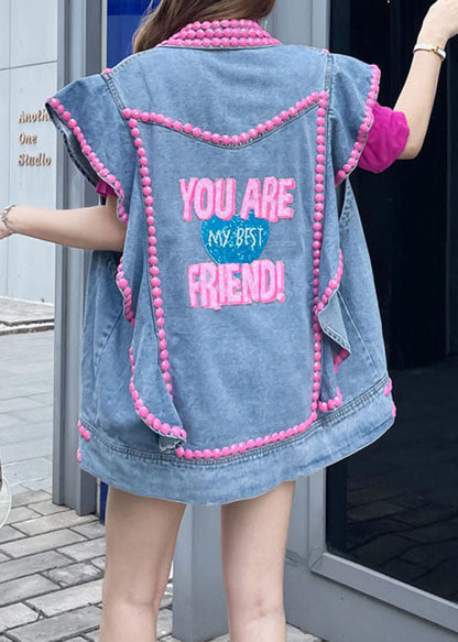 Style Blue Ruffled Nail Bead Letter Patchwork Denim Vest Sleeveless