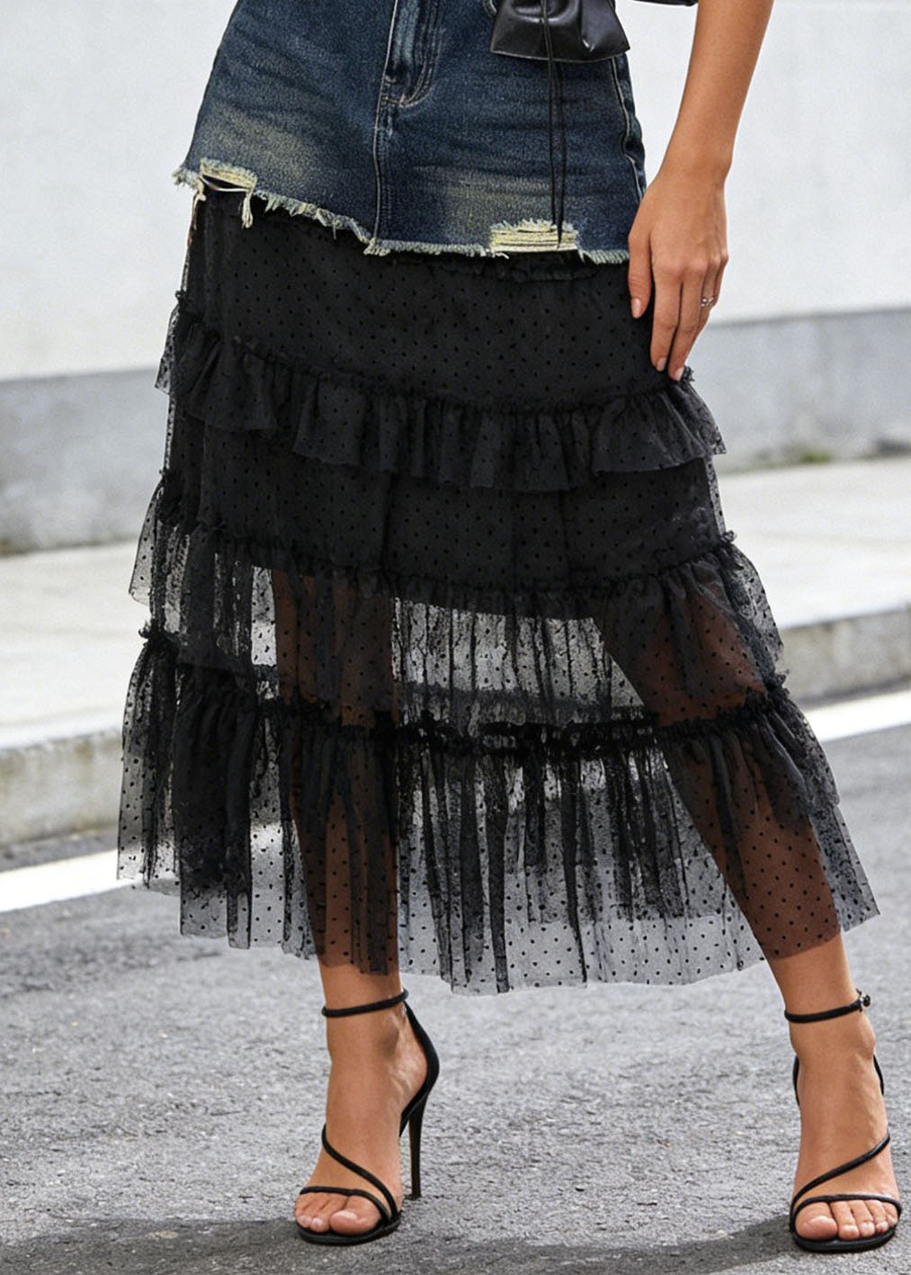 Style Blue Tulle Ruffled Patchwork Denim Skirt Summer