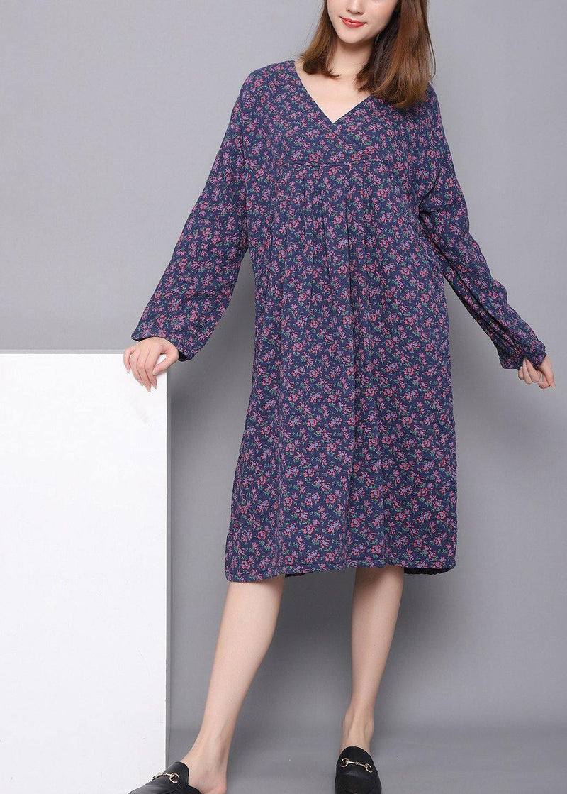 Style Blue V Neck Dress Print Spring Maxi Dress